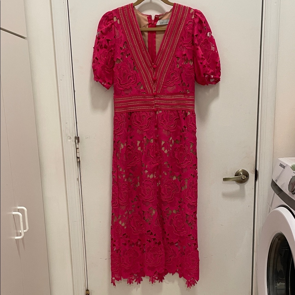 Adelyn Rae Fuchsia Floral Lace Midi Dress